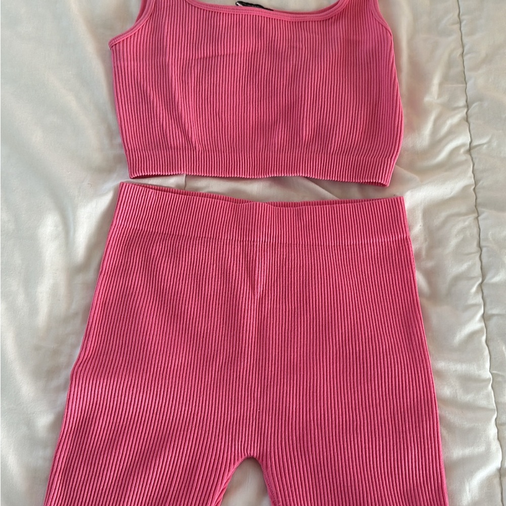 Zara Pink Ribbed Bike Shorts Set